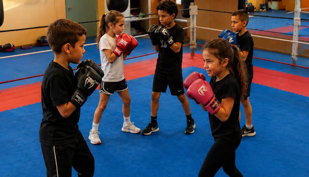 Enfants en garde lors d'un cours de boxe éducative