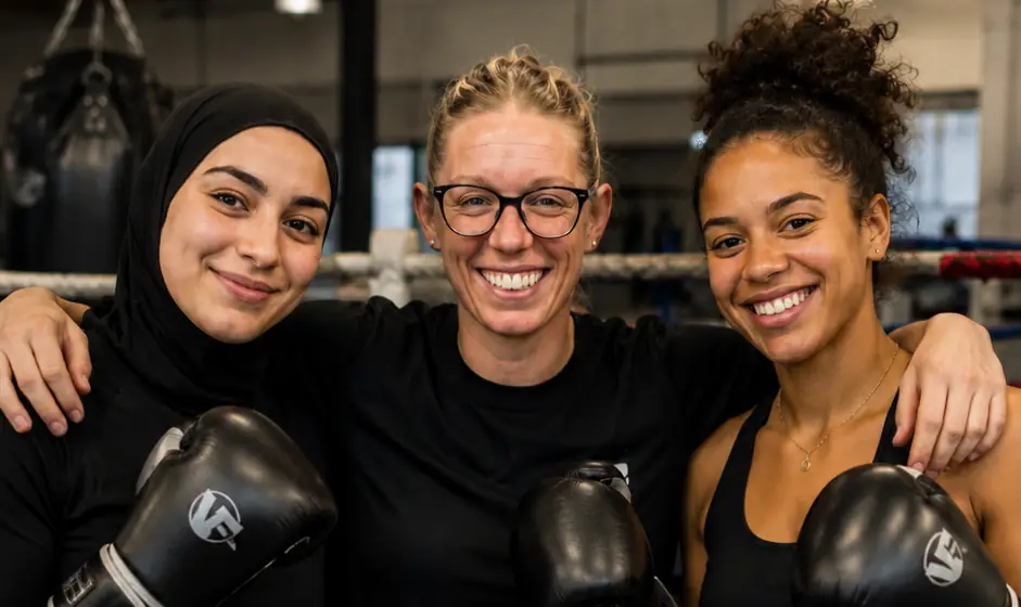 Trois adhérentes en gants au cours de boxe fitness et loisir