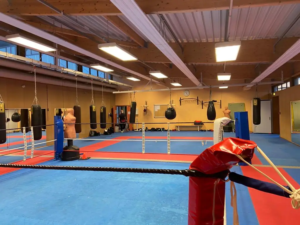 La salle du Léoté Boxing Club : ring, sacs de frappe et tatamis