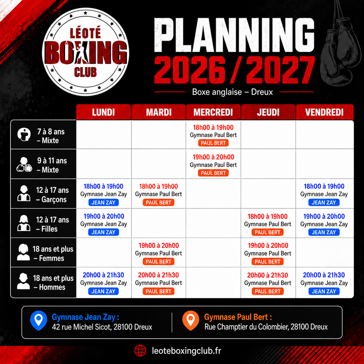 Planning des cours de boxe 2026-2027 du Léoté Boxing Club à Dreux